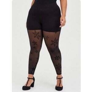 Torrid Black Legging Solid top / sheer legs w flocked snowflake Christmas 0 / L